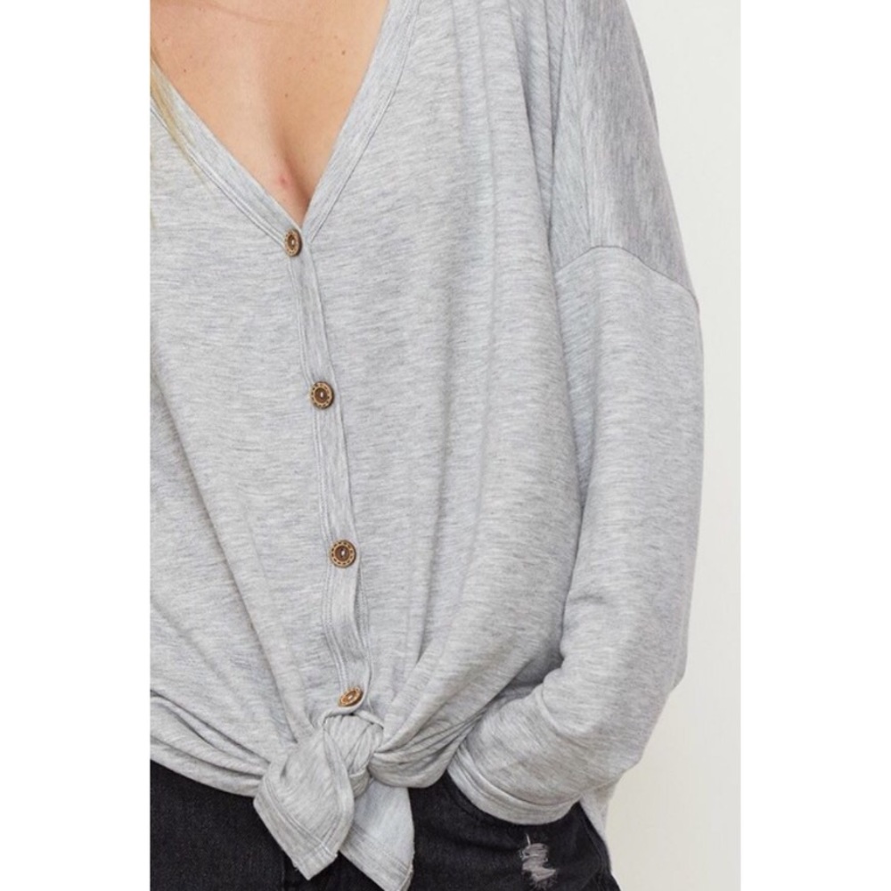 •LAST 1• Heather Gray Button Front Tie-Up Top - Picture 4 of 5